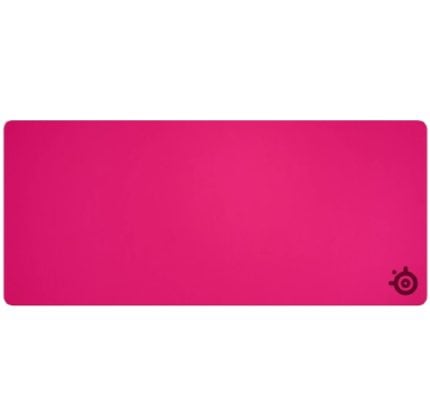 Bright pink rectangular mouse pad with rounded corners and a small black logo in the bottom-right corner.