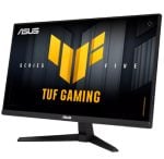 ASUS TUF Gaming monitor on a black angled stand, angled slightly to show the yellow TUF logo and 'TUF GAMING' text on screen.