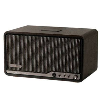 Vintage portable cabinet radio with a black mesh grille and control panel along the bottom front.