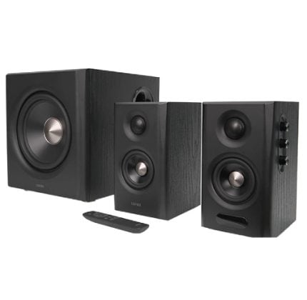 Black 2.1 speaker system: a large subwoofer on the left, two bookshelf speakers in the middle and right, with a small remote in front.