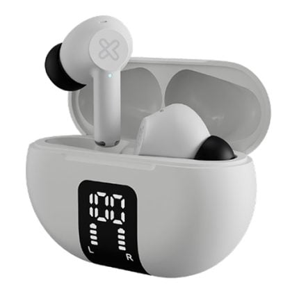 White true wireless earbuds in an open charging case with a digital battery display showing 100%.
