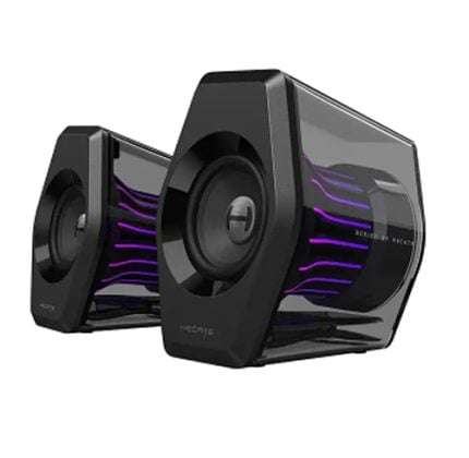 Black 2.1 computer speaker system with a subwoofer and two satellite speakers, featuring purple light accents.