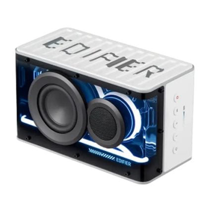 White Edifier portable speaker with a large woofer and blue LED-lit interior, shown from an angled side view