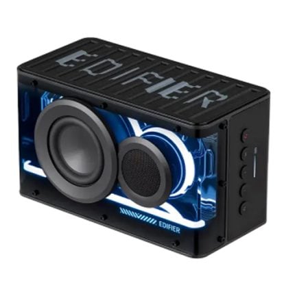 Edifier portable Bluetooth speaker with a large woofer and smaller tweeter, shown at an angled side view with blue internal lighting