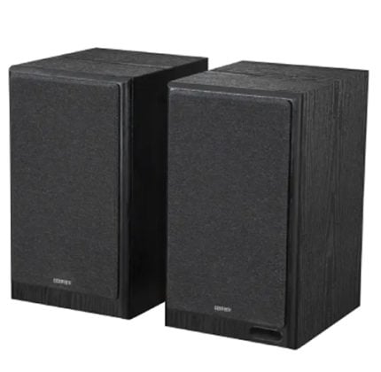 Pair of black wood-textured bookshelf speakers with fabric grilles placed side by side.
