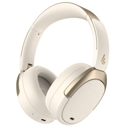 White over-ear headphones with cushioned ear pads and gold accents, angled view