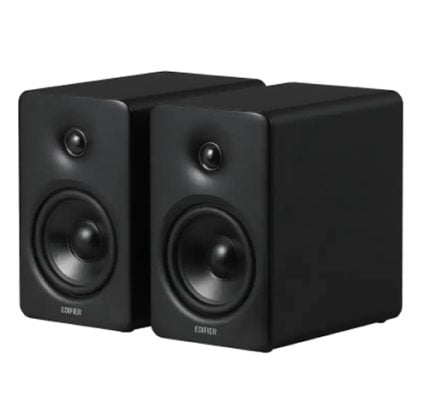 Pair of black stereo computer speakers placed side by side for a multimedia setup.