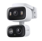 Pair of white security cameras stacked vertically on a mounting bracket, facing outward with lenses and LEDs visible.