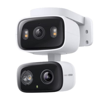 Pair of white security cameras stacked vertically on a mounting bracket, facing outward with lenses and LEDs visible.