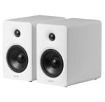 Pair of white Edifier bookshelf speakers, front view, slightly angled to show two black drivers and branding at the bottom.