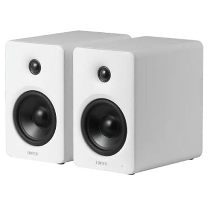 Pair of white Edifier bookshelf speakers, front view, slightly angled to show two black drivers and branding at the bottom.