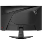 Rear view of a black MSI gaming monitor on a wide, V-shaped stand, with a red power LED on the left and the MSI dragon logo on the right.