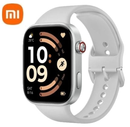 White smartwatch with a silver rectangular face and white band, displaying 10:09 and activity rings; Xiaomi Mi logo in top-left corner.