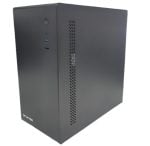Black desktop computer tower with front USB ports, power button, and side ventilation slots on a matte finish chassis.