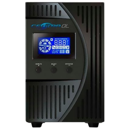 Black upright inverter/UPS with a blue-lit LCD display and three control buttons on the front panel, curved decorative side panel.