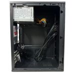 Open computer case with a power supply at the top left and loose cables inside; empty motherboard area visible.