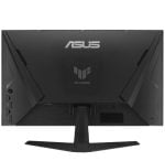 Rear view of a black ASUS TUF Gaming monitor on a stand, showing left-side ports and angular rear design.