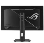 Rear view of a black gaming monitor on a stand, featuring the ROG logo on the back panel.