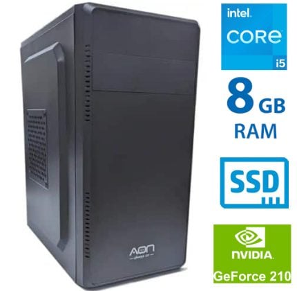 Desktop computer tower with Intel Core i5, 8 GB RAM, SSD storage, and Nvidia GeForce 210 graphics.