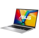 Silver ASUS laptop opened at an angle, showing a colorful display and keyboard (brand visible).