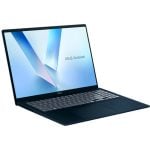 Open ASUS VivoBook laptop with a dark chassis, angled forward, showing a blue abstract screen wallpaper and ‘ASUS VivoBook’ text on the display area of the screen edge.