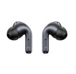 Pair of black wireless earbuds with silicone tips, shown from the front-left and front-right.