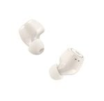 Pair of white in-ear wireless earbuds with silicone tips, viewed at an angle on a white background.