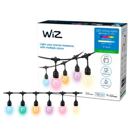 Boxed Wiz LED string lights with a multicolor bulb strand laid out in front, showing blue, green, orange, pink, and purple bulbs.
