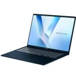 ASUS Vivobook laptop open at an angle, showcasing a blue-toned screen and keyboard.