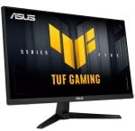 ASUS TUF Gaming monitor on a black stand, angled view showing the yellow TUF logo and the text 'TUF GAMING' on screen.