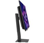 Side view of a flat-screen monitor mounted on a tall, adjustable stand with a wide base for desk use.
