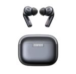 Edifier true wireless earbuds with a rounded gray charging case showing the brand on the lid