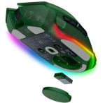 Transparent green wireless gaming mouse with RGB lighting, shown disassembled with USB dongle nearby.