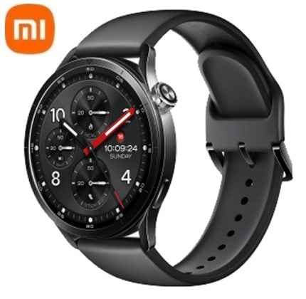 Smartwatch with dark band and round face displaying multiple dials, Xiaomi Mi logo in corner