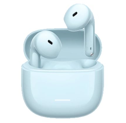 Light blue wireless earbuds in an open charging case, with the case lid up and earbuds visible