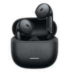 Black wireless earbuds in an open charging case.