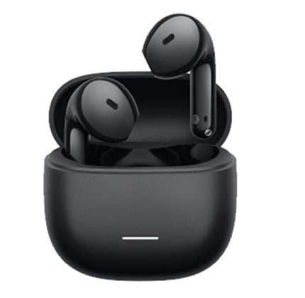 Black wireless earbuds in an open charging case.