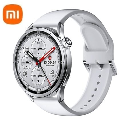 Xiaomi smartwatch with white band and silver case, round dial with multiple subdials and digital date/time readout