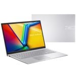 Silver ASUS Vivobook laptop open with a colorful display, keyboard and touchpad visible, and the lid shown in the background.