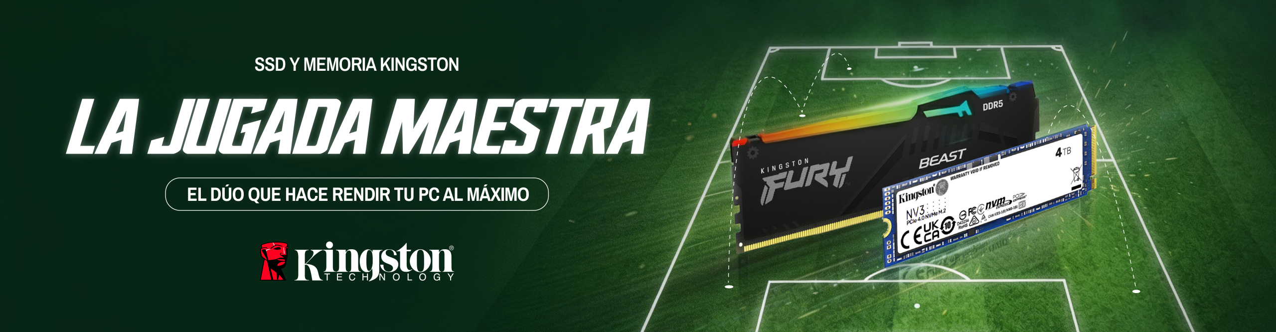 Kingston Fury DDR5 RAM module on a stylized football pitch with the bold Spanish slogan 'La Jugada Maestra' and subtitle about maximizing PC performance.