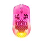 Pink translucent gaming mouse with honeycomb shell and yellow LED glow