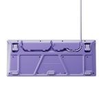 Bottom view of a purple electronic device with a cord plugged in at the top-right corner.