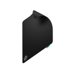 Black mouse pad with rounded edges, a folded top corner, and a small teal tag along the right edge; brand logo in the bottom-left corner.