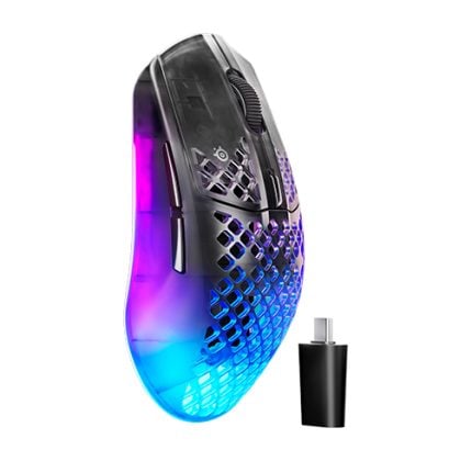 Wireless gaming mouse with purple and blue RGB lighting and a small USB receiver.