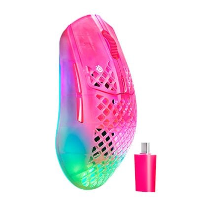 Translucent pink wireless computer mouse with rainbow lighting and a pink USB receiver/dongle.