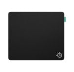 Black, square mouse pad with rounded corners, featuring a small SteelSeries logo in the bottom-right corner and a teal tag along the right edge.