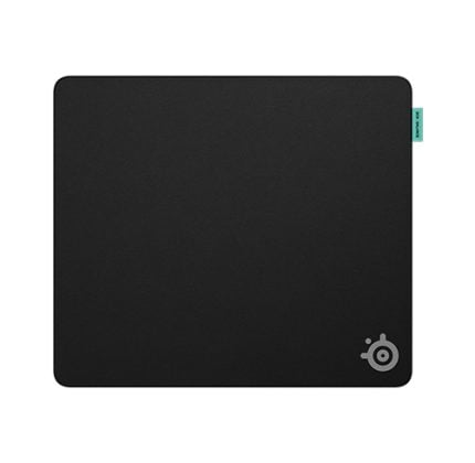 Black, square mouse pad with rounded corners, featuring a small SteelSeries logo in the bottom-right corner and a teal tag along the right edge.