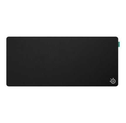 Black rectangular mousepad with rounded corners, featuring a small SteelSeries logo in the bottom-right corner and a teal tab on the right edge.