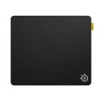 Large black rectangular mouse pad with rounded corners, a yellow tab on the right edge, and the SteelSeries logo in the bottom-right corner.