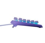 Purple wired keyboard shown from the side with angled keys and visible colorful switches behind the keycaps.